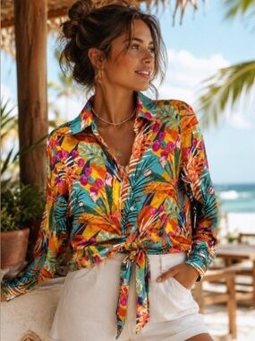 5 for $25!! Panama Jack Linen Blend Tropical Print Blouse XS